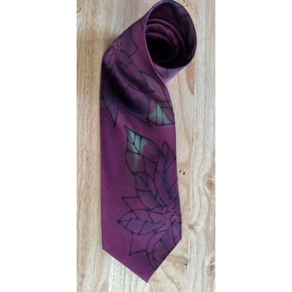 Robert Daskal Wayne Furman Hand Painted Silk Tie Burgundy Floral Wearable Art